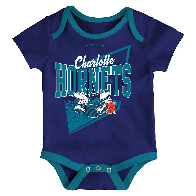 Infant Mitchell & Ness Purple/Teal Charlotte Hornets Hardwood Classics Bodysuits Cuffed Knit Hat Set