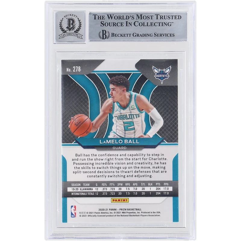 Carte de recrue 10 authentifiée signée par les fans de Beckett, Panini Prizm #278 2020-21 des Charlotte Hornets de LaMelo Ball