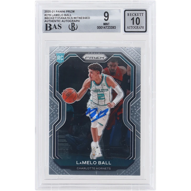 Carte recrue autographiée de LaMelo Ball (Charlotte Hornets) - 2020-21 Panini Prizm #278, certifiée Beckett Fanatics Witnessed (9/10