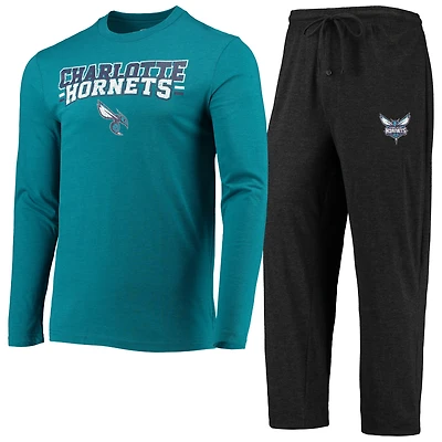 Ensemble de nuit pour homme Concepts Sport noir/bleu sarcelle Charlotte Hornets, haut à manches longues et pantalon