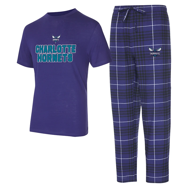 Ensemble de nuit pour homme Concepts Sport violet/noir Charlotte Hornets Vector haut et pantalon en flanelle
