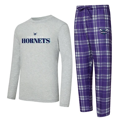 Men's Concepts Sport Purple/Heather Gray Charlotte Hornets Regulate Long Sleeve T-Shirt & Plaid Pant Set