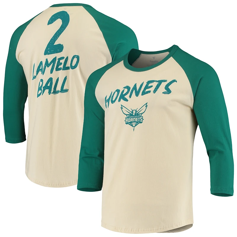 T-shirt raglan à manches 3/4 NBA Fanatics LaMelo Ball crème Charlotte Hornets pour hommes