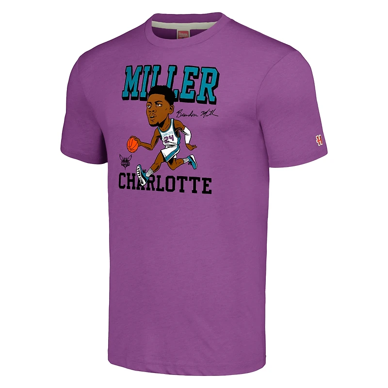 T-shirt à trois mélanges pour hommes, hommage Brandon Miller, violet, Charlotte Hornets, caricature