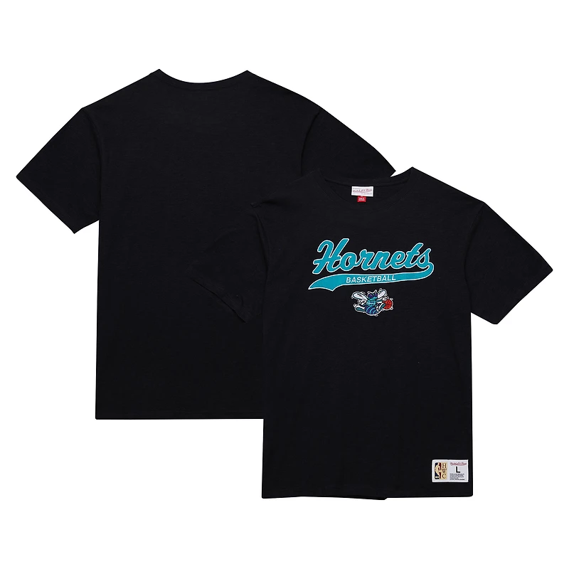 Men's Mitchell & Ness Black Charlotte Hornets Hardwood Classics Felt Applique Slub T-Shirt