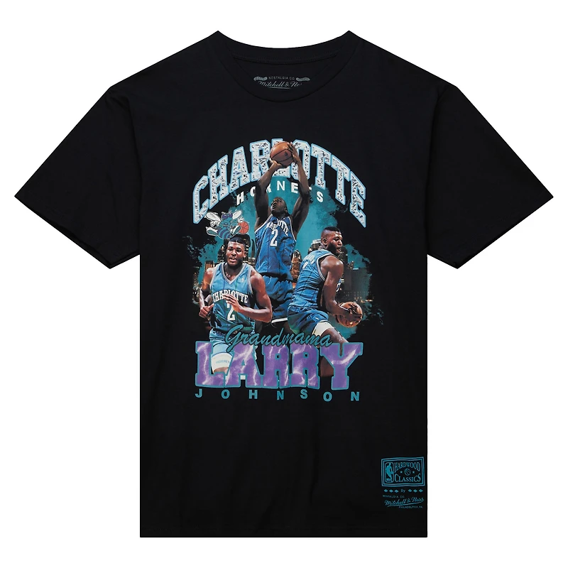 T-shirt pour homme Mitchell & Ness Larry Johnson Noir Charlotte Hornets Hardwood Classics Bling Concert Player