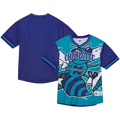 T-shirt à col en V maille Jumbotron 3.0 Charlotte Hornets de Mitchell & Ness pour hommes, bleu sarcelle
