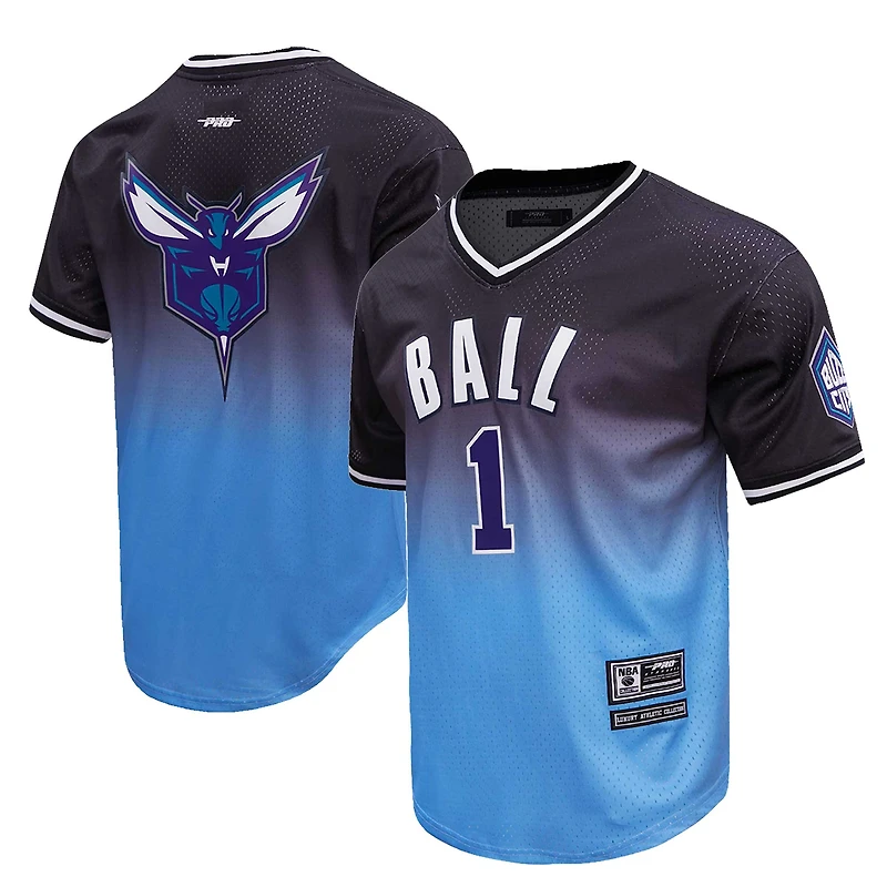 T-shirt homme Post LaMelo Ball bleu marine/bleu Charlotte Hornets avec nom et numéro ombrés