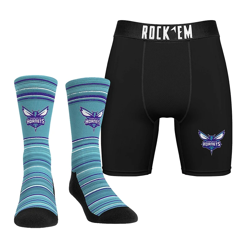 Pack combiné de chaussettes et caleçons boxeurs Rock Em Socks Charlotte Hornets Primary Crew pour hommes