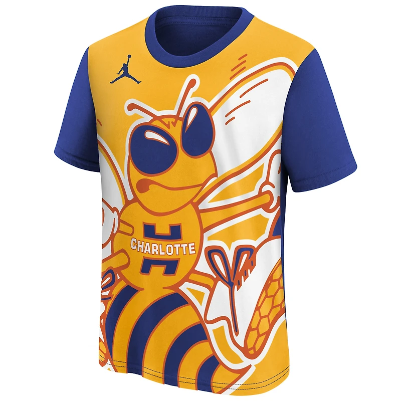 T-shirt Jordan Brand Max90 bleu/jaune Charlotte Hornets édition City 2025/26 pour jeunes
