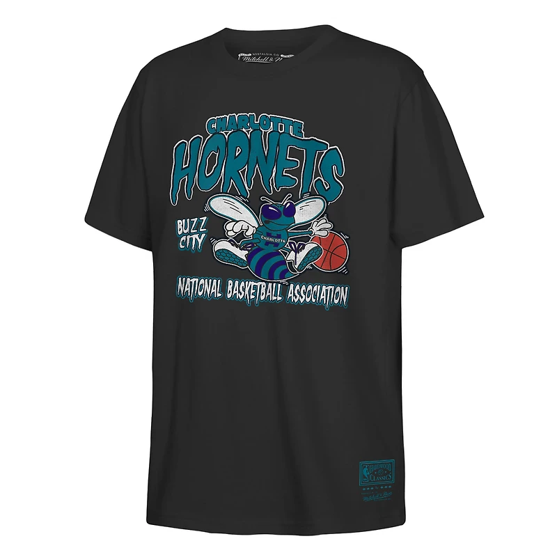 T-shirt rétro noir pour jeunes Mitchell & Ness avec inscription « Mascot des Charlotte Hornets »