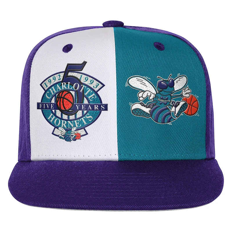 Casquette snapback double anniversaire Charlotte Hornets violette Mitchell & Ness pour jeunes