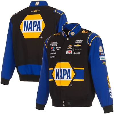 Veste de course en sergé NAPA blanche et bleue Chase Elliott 2026 pour homme, modèle JH Design, fermeture à boutons-pression.