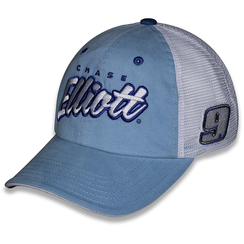 Casquette de camionneur ajustable Chase Elliott Pit Box bleu clair à damier pour femme