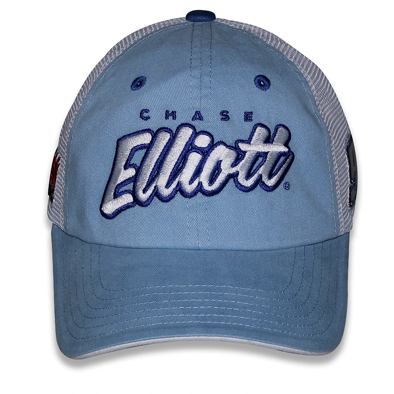 Casquette de camionneur ajustable Chase Elliott Pit Box bleu clair à damier pour femme