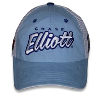 Casquette de camionneur ajustable Chase Elliott Pit Box bleu clair à damier pour femme