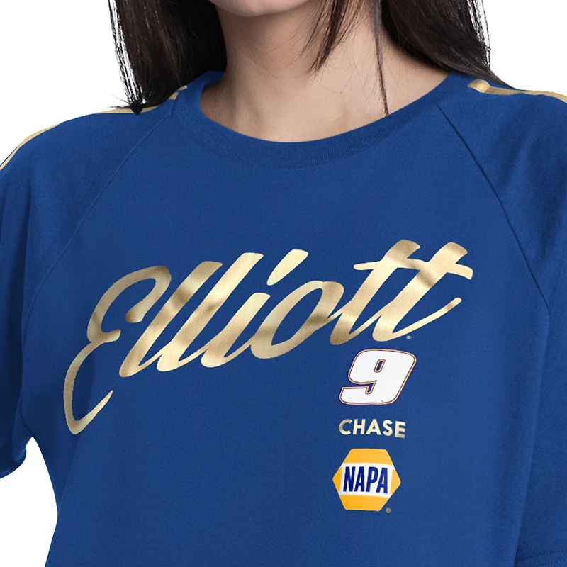 T-shirt raglan court classique G-III 4Her par Carl Banks Royal Chase Elliott pour femme, avec bordure dorée