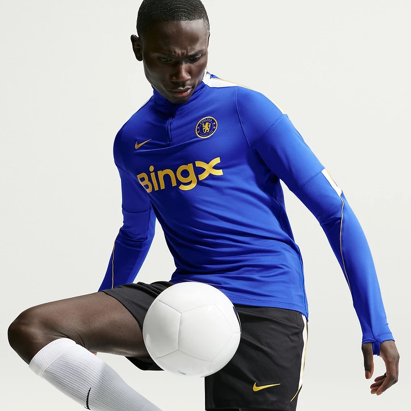 Haut de survêtement Nike Chelsea bleu Strike Dri-FIT à manches longues et fermeture éclair 1/4 pour homme