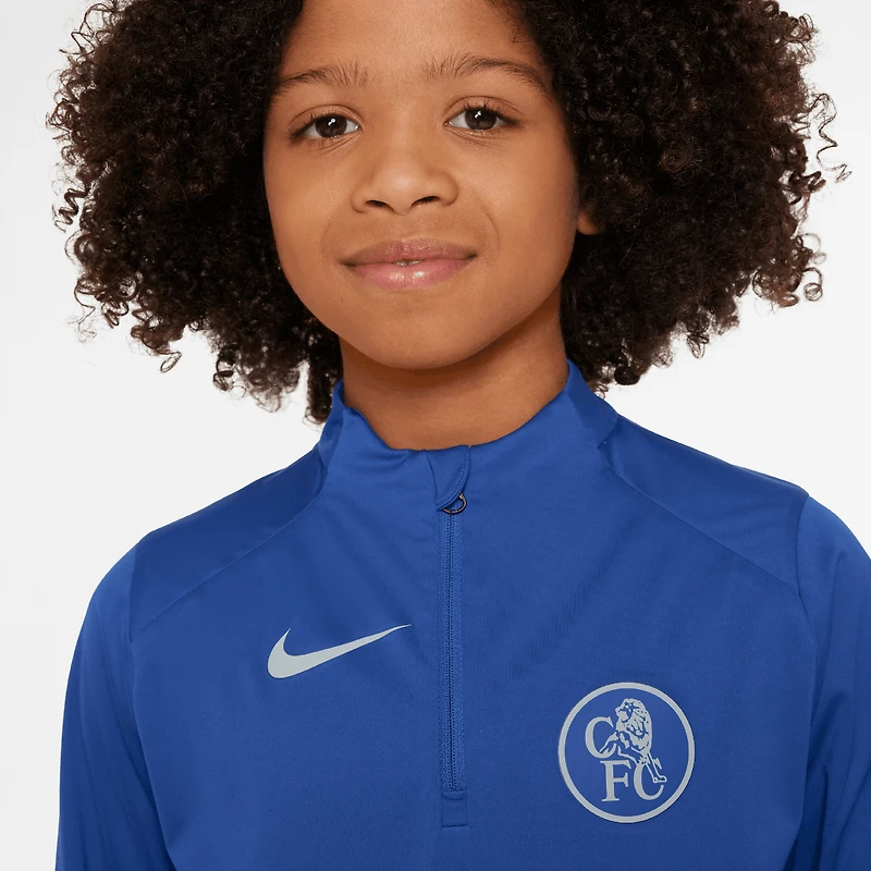 Haut à manches longues Nike Chelsea 2025/26 Strike Drill Dri-FIT bleu quart de zip pour jeune