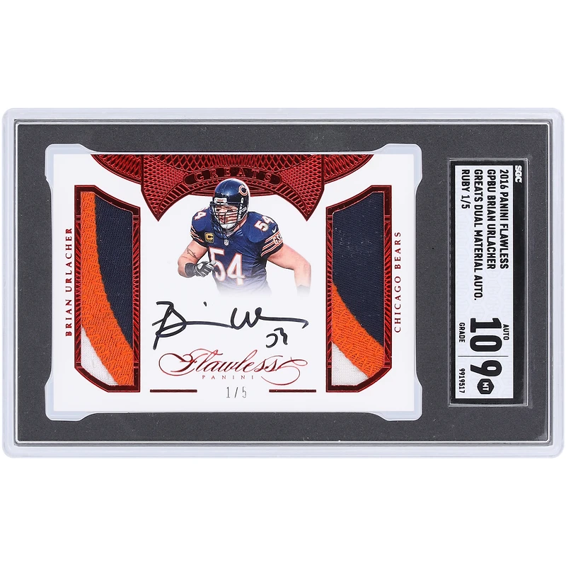 Brian Urlacher Chicago Bears Autographed 2016 Panini Flawless Ruby Greats Dual Materials Autograph 3 Color Relic #GP-BU #1/5 SGC Authenticated 9/10 Card