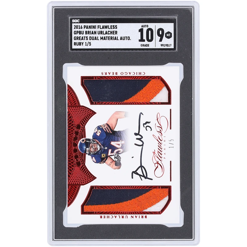 Brian Urlacher Chicago Bears Autographed 2016 Panini Flawless Ruby Greats Dual Materials Autograph 3 Color Relic #GP-BU #1/5 SGC Authenticated 9/10 Card