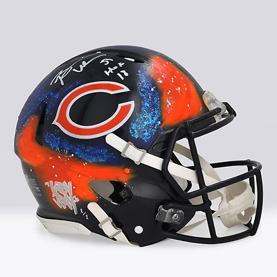 Casque Riddell Speed ​​Authentic autographié par Brian Urlacher (Chicago Bears) avec inscription « HOF 18 » - Illustration de Lady JDay - Édition limitée n° 1/1 - BB14002080