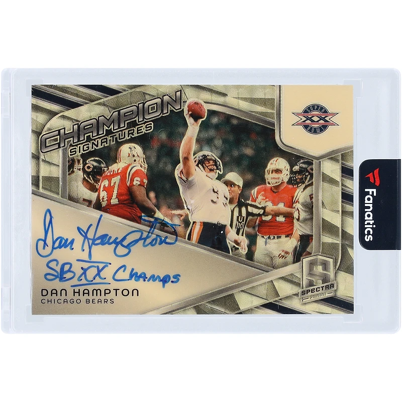 Carte Panini Spectra Champion Gold Vinyl 2024 autographiée par Dan Hampton (Chicago Bears) #CS-DGN #1/1 avec inscription « SB XX Champs ».