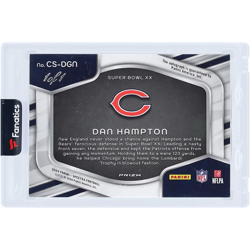 Carte Panini Spectra Champion Gold Vinyl 2024 autographiée par Dan Hampton (Chicago Bears) #CS-DGN #1/1 avec inscription « SB XX Champs ».