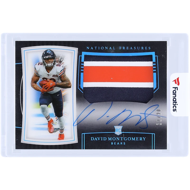 David Montgomery Chicago Bears Autographed 2019 Panini National Treasures Midnight Rookie Patch Tri-Color Relic #183 #12/20 Rookie Card