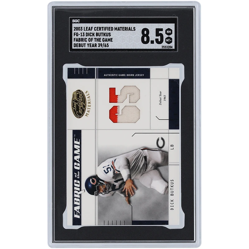 Carte GU Relic 2 couleurs certifiée Dick Butkus Chicago Bears 2003 Leaf #FG-13 #39/65 SGC authentifiée 8,5