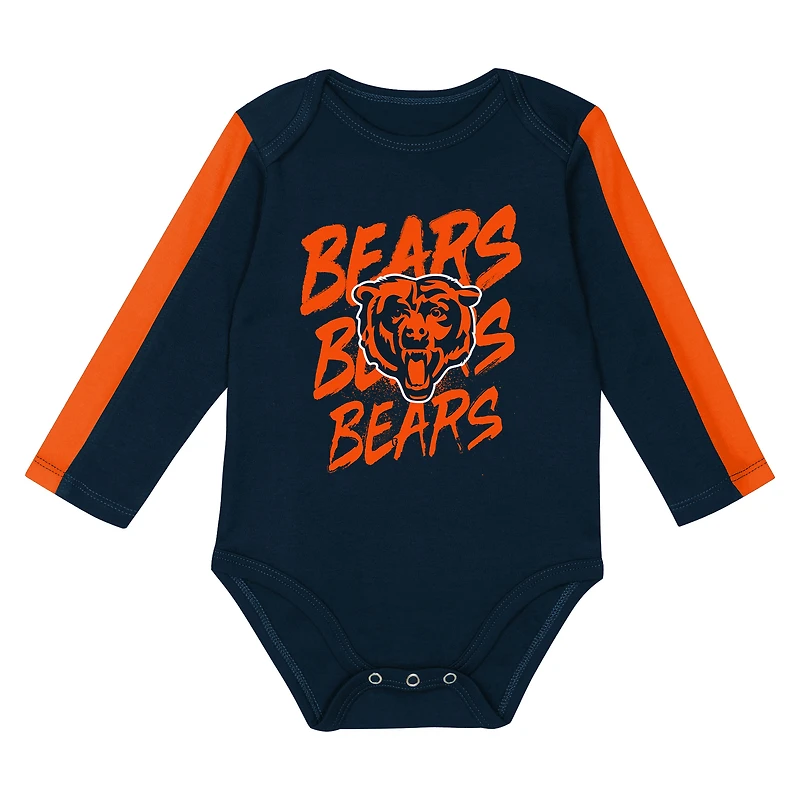 Infant Outerstuff Navy/Orange Chicago Bears Double Down Bodysuits and Pants 3-Piece Set