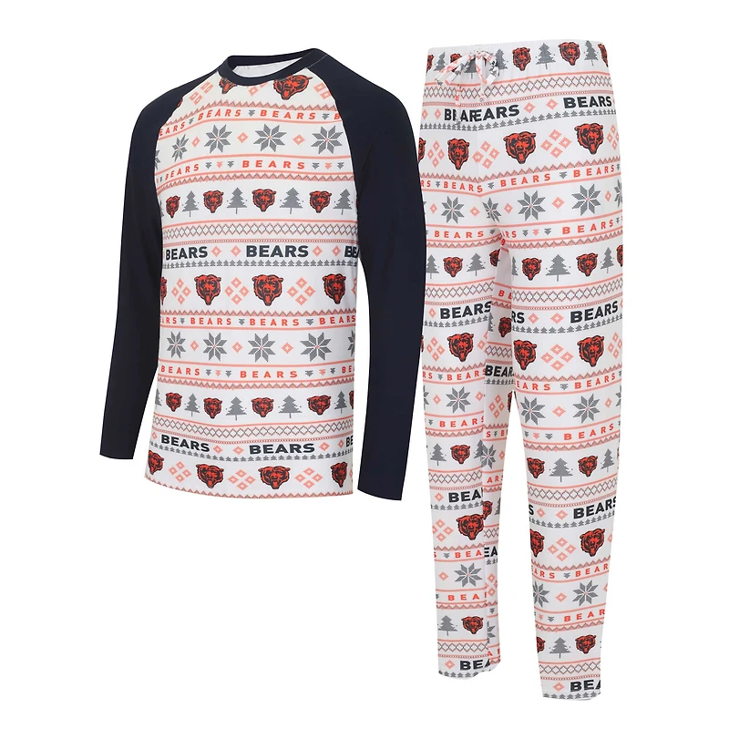 Ensemble de nuit Concepts Sport pour hommes, t-shirt et pantalon à manches longues Chicago Bears Tinsel Raglan, blanc/bleu marine