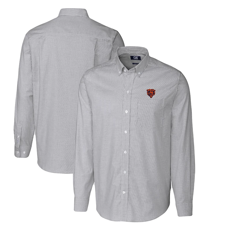 Chemise boutonnée à manches longues et rayures en oxford extensible pour homme, couleur anthracite, avec logo rétro des Chicago Bears, coupe Cutter & Buck, grande taille