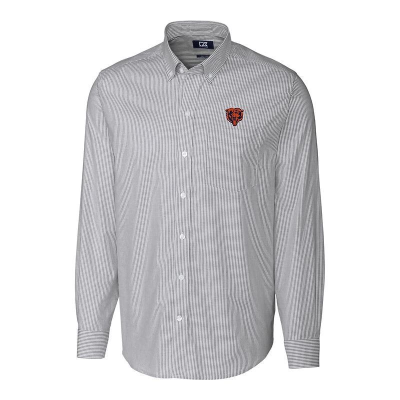 Chemise boutonnée à manches longues et rayures en oxford extensible pour homme, couleur anthracite, avec logo rétro des Chicago Bears, coupe Cutter & Buck, grande taille