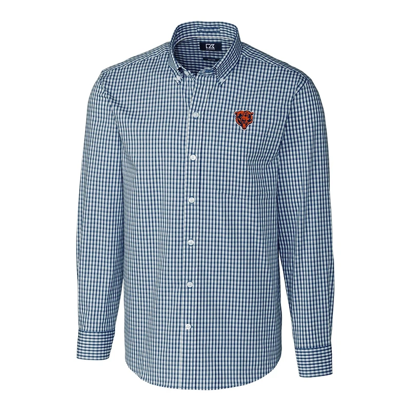 Chemise boutonnée à manches longues pour homme, bleu marine, avec logo rétro des Chicago Bears, facile d'entretien, extensible, vichy, grande taille