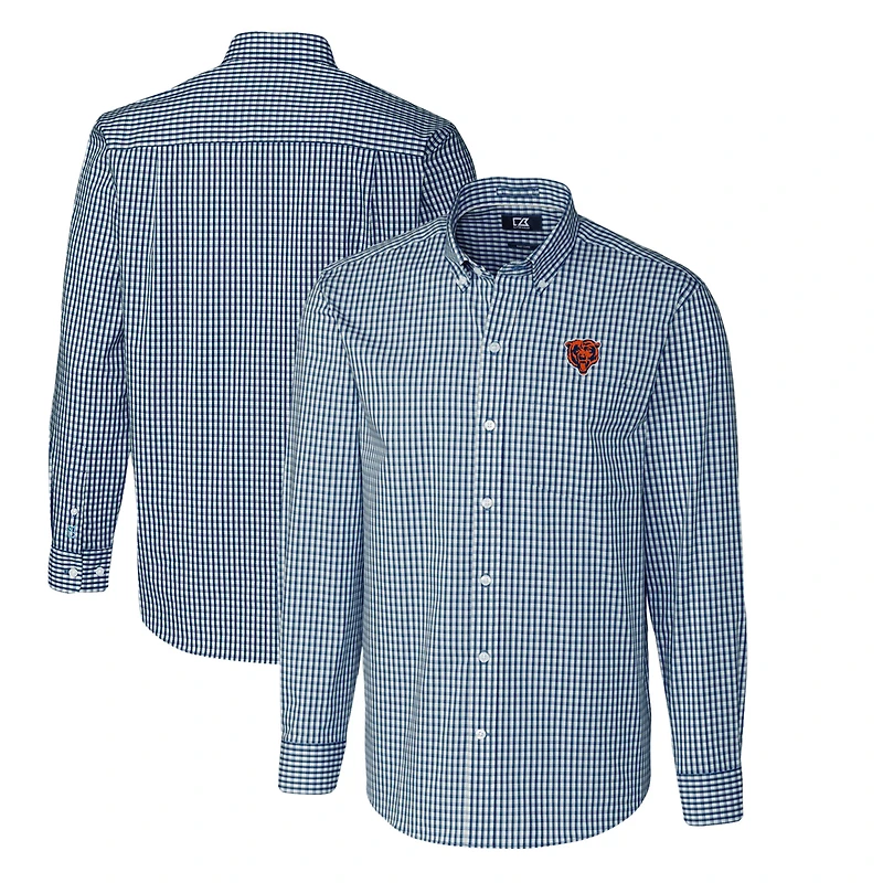 Chemise boutonnée à manches longues pour homme, bleu marine, avec logo rétro des Chicago Bears, facile d'entretien, extensible, vichy, grande taille