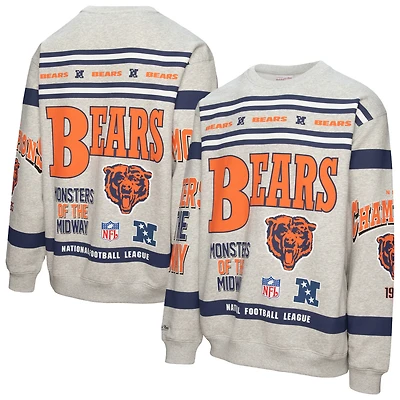 Men's Mitchell & Ness  Heather Gray Chicago Bears All Over Print Vintage Fleece Crewneck Sweatshirt