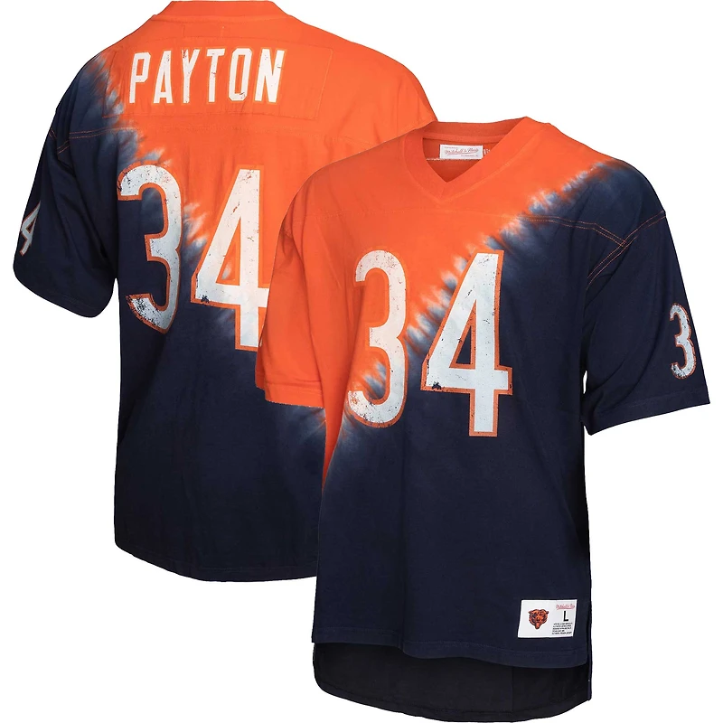 T-shirt Mitchell & Ness Walter Payton orange/marine des Chicago Bears pour homme, avec nom et numéro de joueur retraité, imprimé tie-dye en diagonale - col V