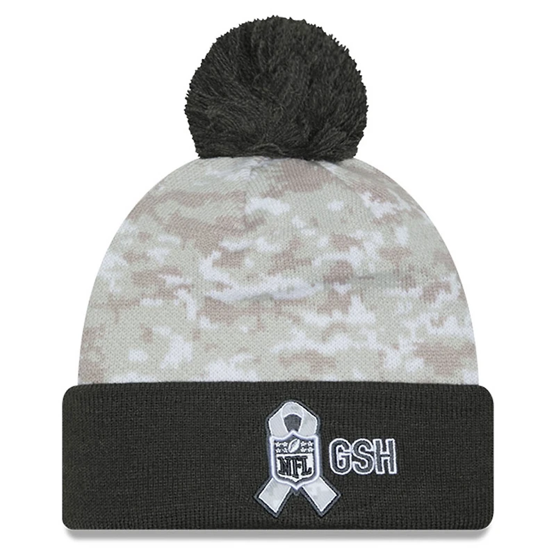 Bonnet en tricot à revers avec pompon et motif camouflage numérique Chicago Bears 2024 Salute To Service New Era blanc/graphite pour homme