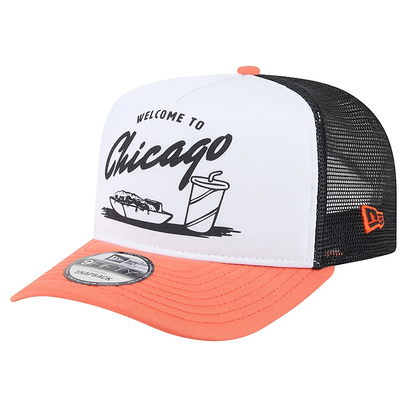 Casquette trucker New Era 9FIFTY Foodie A-Frame pour homme, blanche et orange, Chicago Bears.