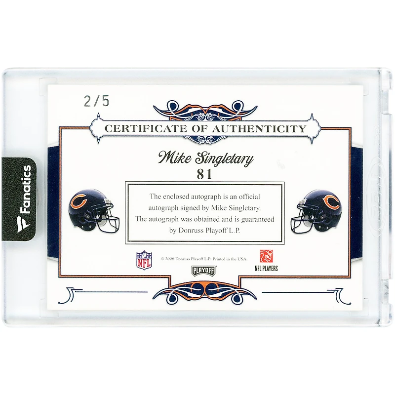 Carte autographiée de Mike Singletary (Chicago Bears) des séries éliminatoires de 2008, collection National Treasures, avec écussons signature, logo NFL et inscription « Samurai Mike ». Numéro 81, numéro 2/5.