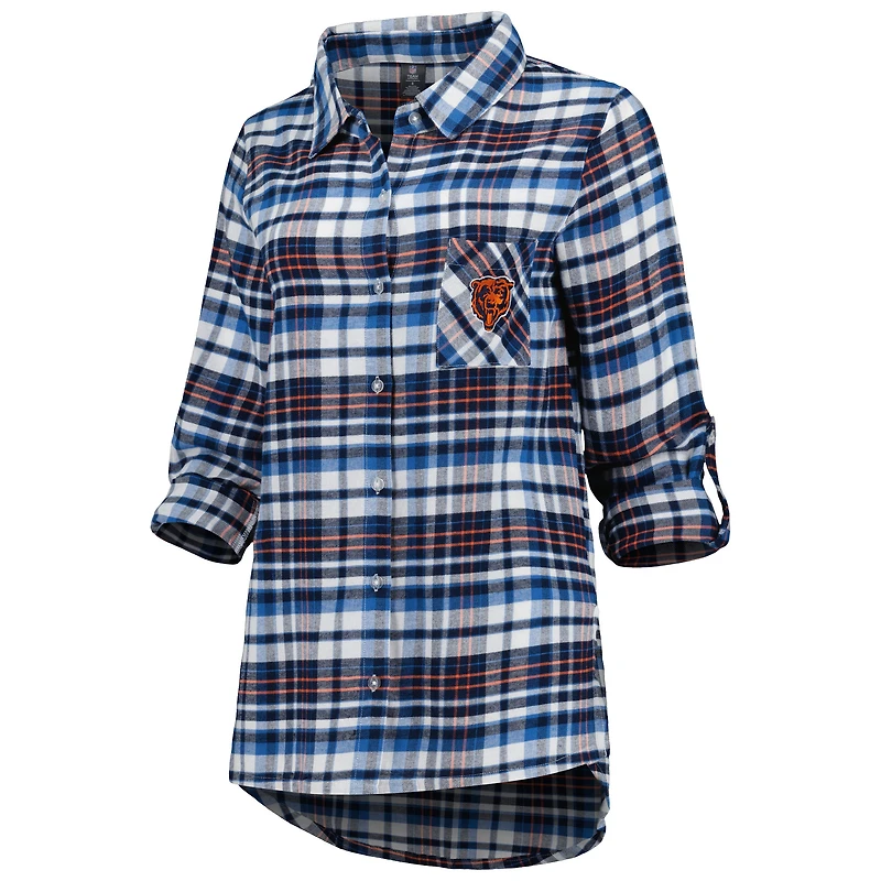 Women's Concepts Sport Navy Chicago Bears Mainstay Plaid Full-Button Long Sleeve Nightshirt