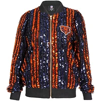 Veste bomber zippée à rayures et sequins pour femme, coupe ajustée, bleu marine, des Chicago Bears