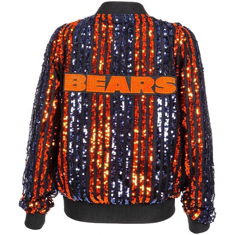 Veste bomber zippée à rayures et sequins pour femme, coupe ajustée, bleu marine, des Chicago Bears