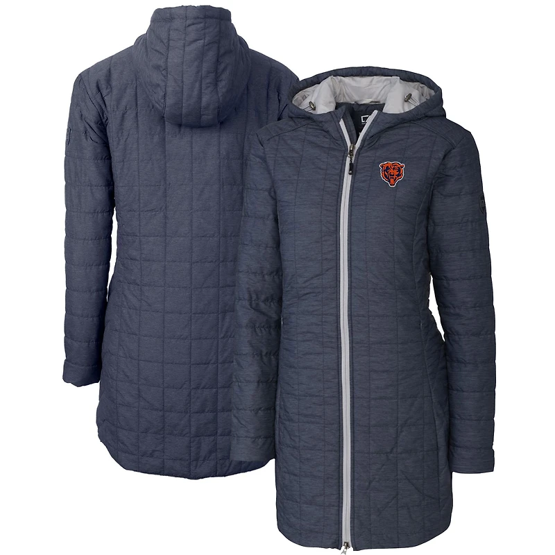 Manteau long à capuche zippé entièrement en Primaloft Eco pour femme, bleu marine chiné, avec logo rétro des Chicago Bears, Cutter & Buck