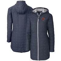 Manteau long à capuche zippé entièrement en Primaloft Eco pour femme, bleu marine chiné, avec logo rétro des Chicago Bears, Cutter & Buck