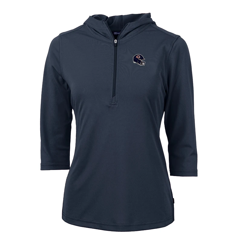 Women's Cutter & Buck Navy Chicago Bears Helmet Logo DryTec Virtue Eco Pique Recycled 3/4-Sleeve Half-Zip Pullover Hoodie