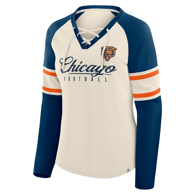 Women's Fanatics Cream/Navy Chicago Bears Hometown Gridiron Hero Raglan Lace-Up V-Neck Long Sleeve T-Shirt