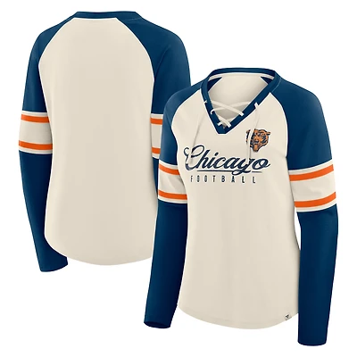 Women's Fanatics Cream/Navy Chicago Bears Hometown Gridiron Hero Raglan Lace-Up V-Neck Long Sleeve T-Shirt