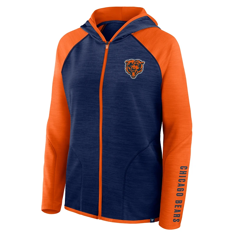 Sweat à capuche zippé entièrement raglan Fanatics bleu marine/orange Chicago Bears Redzone End Around Pass pour femme